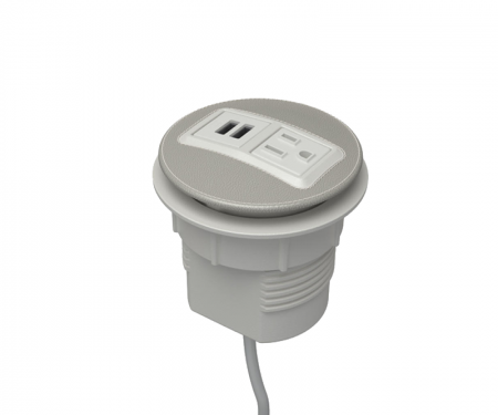 Smoke leather parchment powdercoat node power and data desk grommet with 1 ac power, 1 USB charger, and 72