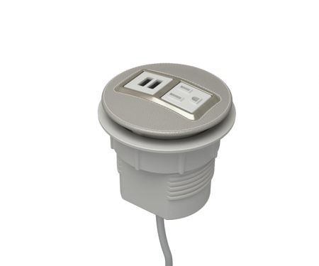 Smoke leather satin nickel powdercoat node power and data desk grommet with 1 ac power, 1 USB charger, and 72