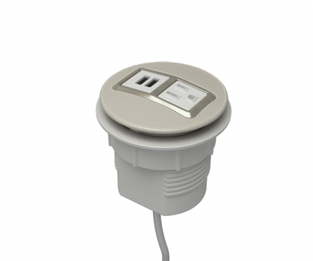 Cream leather satin nickel node power and data desk grommet with 1 ac power, 1 USB charger, and 72