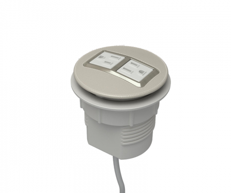 Cream leather and satin nickel node power and data desk grommet with 2 ac power and 72