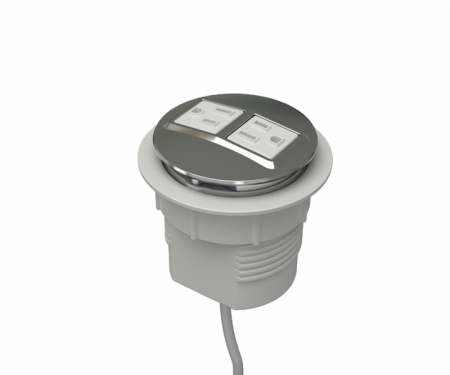 Trivalent chrome white simplex node power and data desk grommet with 2 ac power and 72