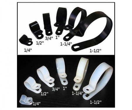 Various sizes of black and natural nylon cable clamps