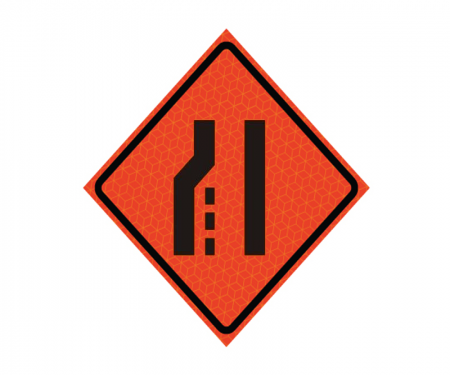Road work roll up sign 'Lane ends, leftt merge