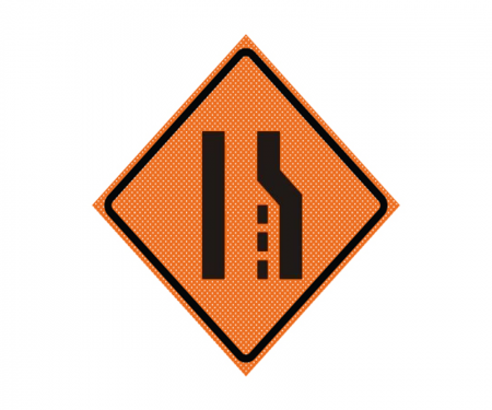 Road work roll up sign 'Lane ends, leftt merge
