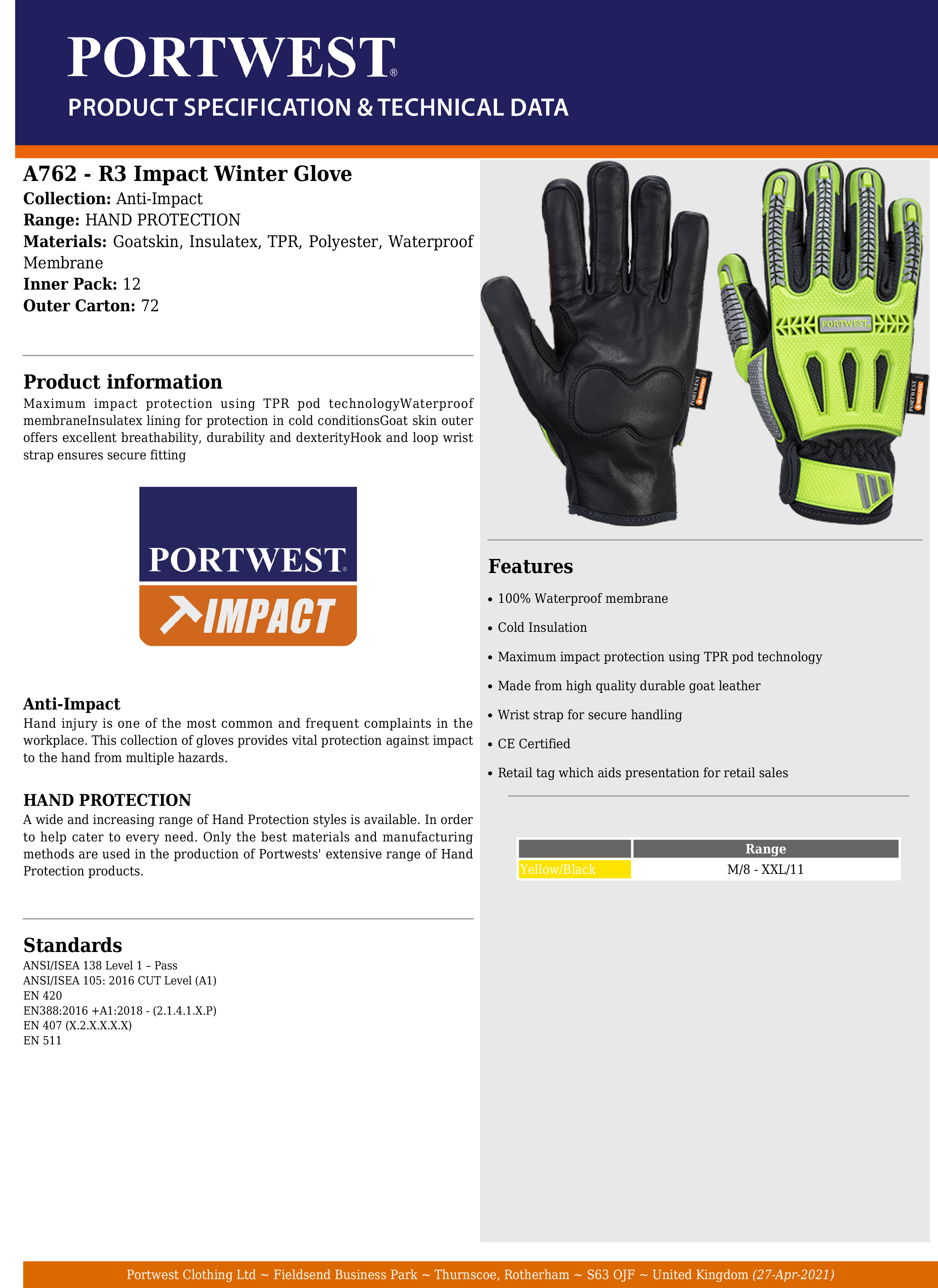 Portwest® A762 R3 Impact Winter Gloves