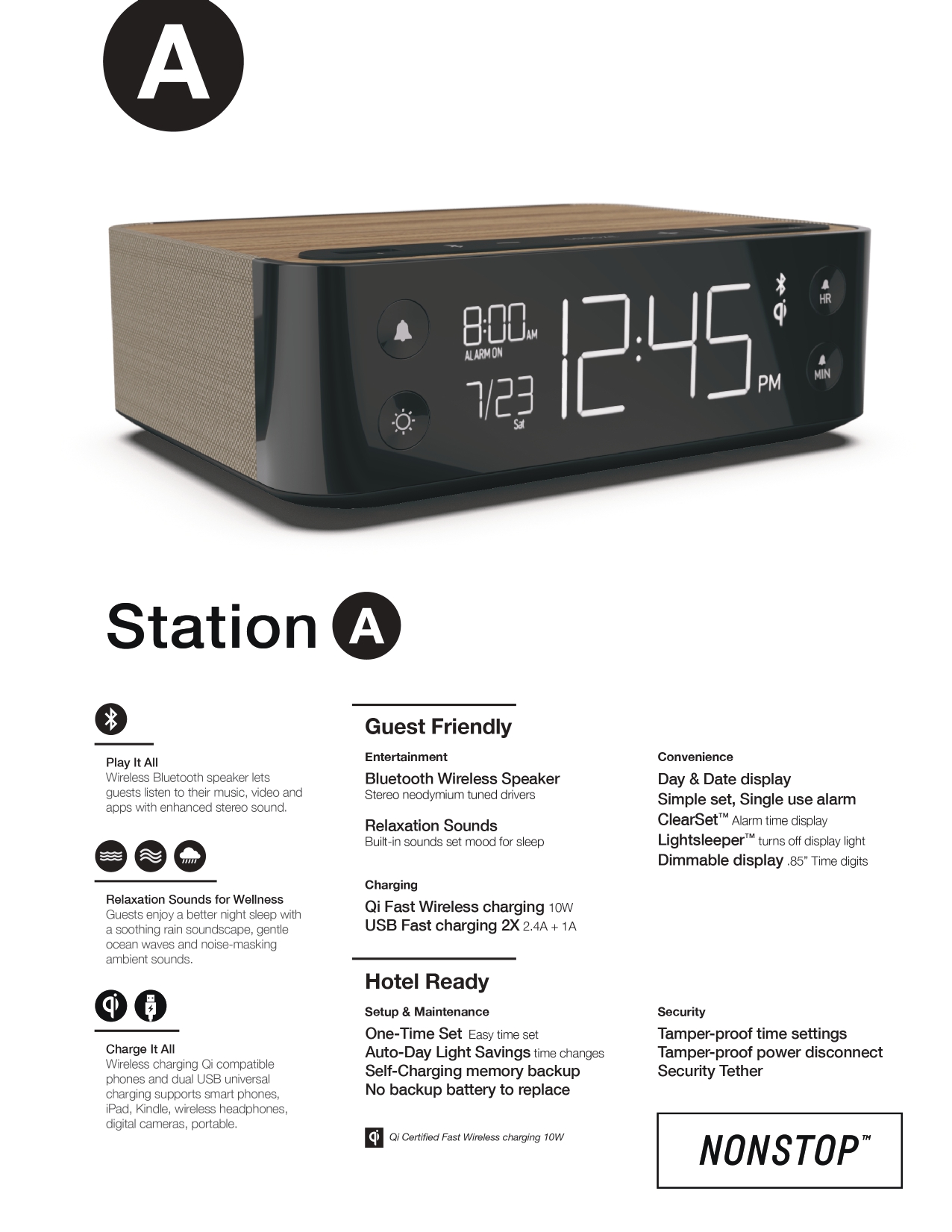 NonStop™ Station A Alarm Clock with Wireless Charging, Bluetooth
