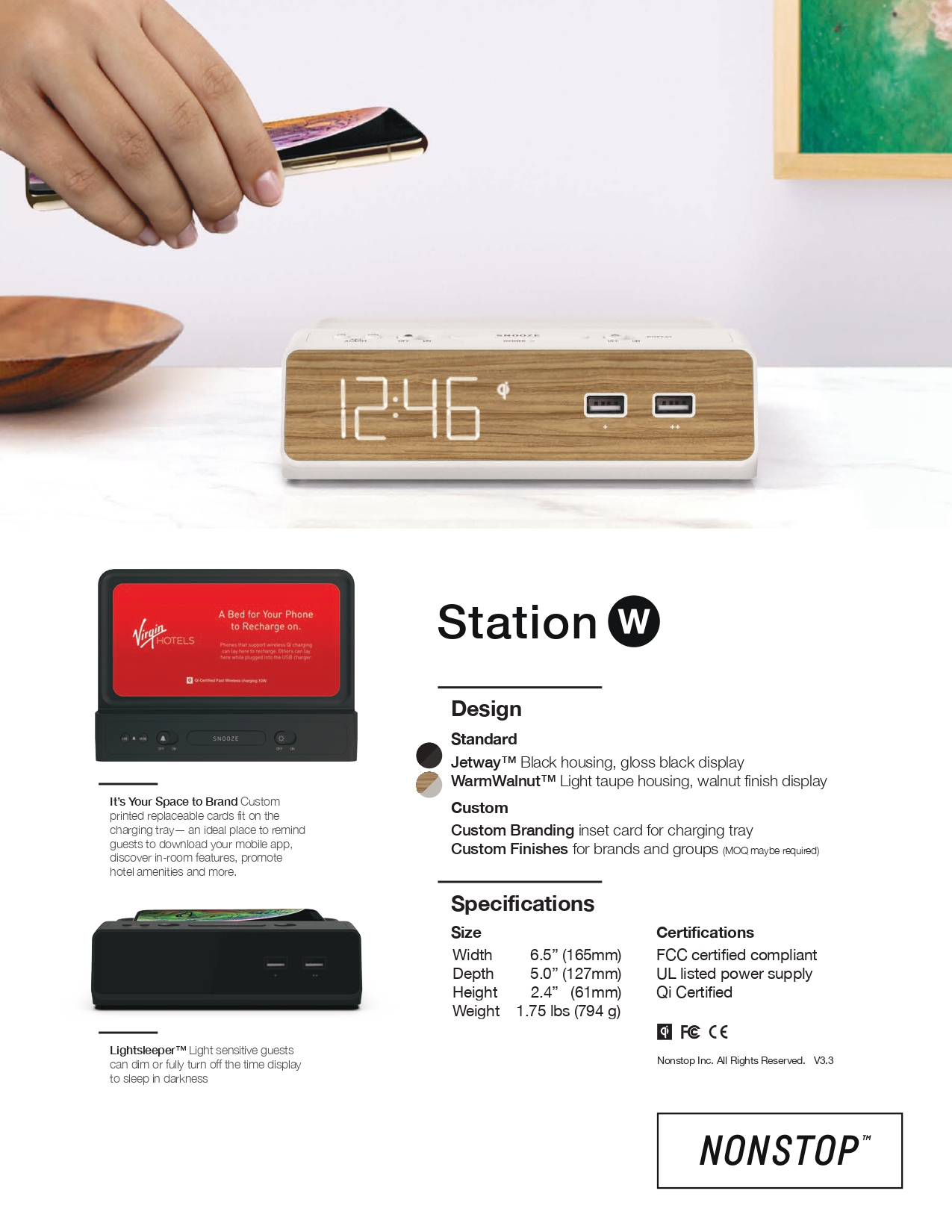 NonStop™ Station W Alarm Clock with QI Wireless Charging and Dual USB