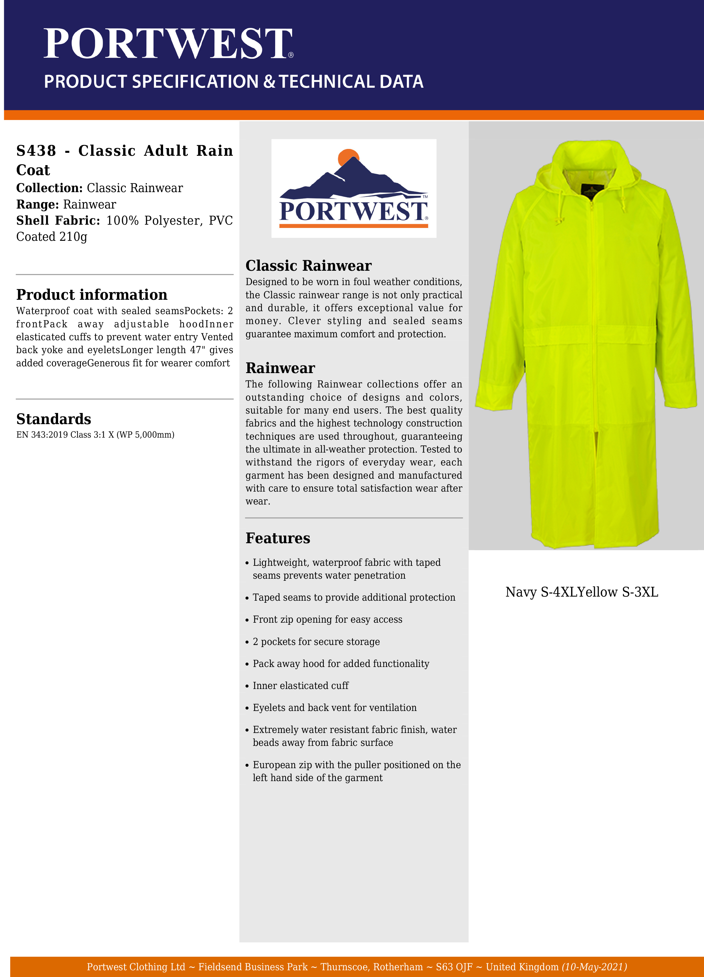 Portwest Classic Adult Raincoat S438 Rain Jacket
